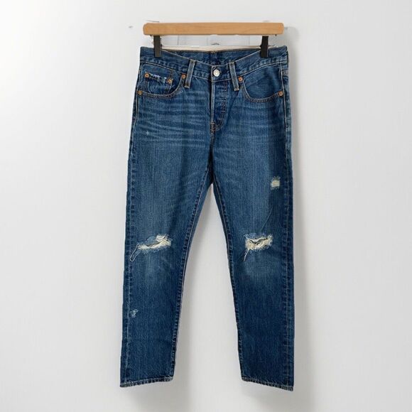 Levi’s 501 T Jeans Women’s 25x28 Blue Denim Mid Rise Distressed Button Fly - Picture 1 of 13
